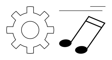 Gear and musical notes highlight the synergy between technology and creativity. Ideal for innovation, teamwork, engineering, art, music, process, education. Simple flat metaphor