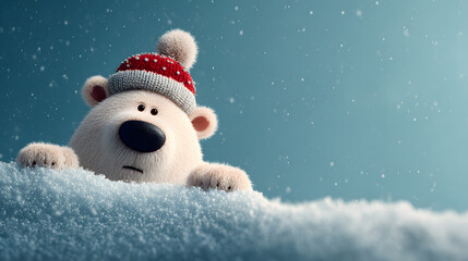 Cute Polar Bear Character with Santa Hat in Snow for Christmas Holiday Winter Greeting
