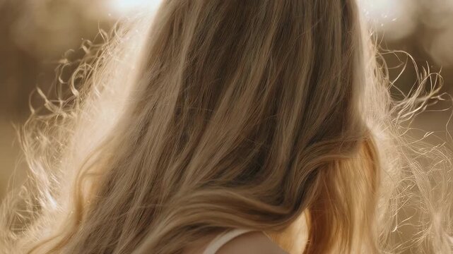 An artistic shot focuses on the back of a woman with long, flowing blonde hair and sunlit background