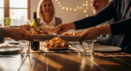Close up of a family sharing food at a celebration dinner table. People passing bowls during a festive meal. Togetherness and community concept with warm evening light
