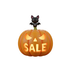 Obraz premium Halloween Sale Jack-o'-Lantern with Cute Bat 3D Illustration. Festive Seasonal Discount Promo Graphic.