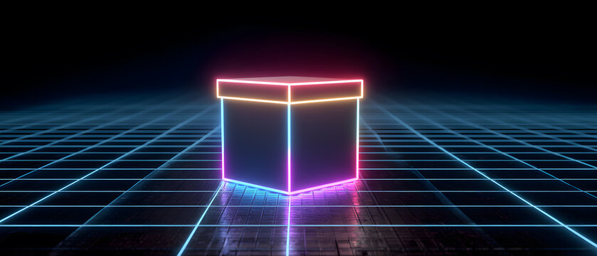 Neon Gift Box on a Futuristic Grid Floor for Cyber Monday Sale and Christmas - Powered by Adobe