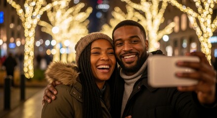 Happy African American couple taking a selfie in the city at night. Young man and woman smiling together with festive holiday lights in the background. Winter romance concept