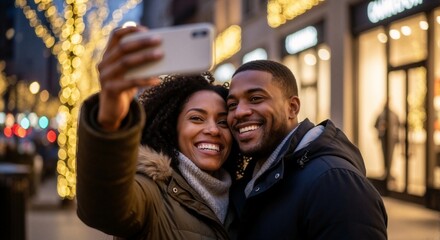 Happy African American couple taking a selfie on a city street at night. Young man and woman smiling together with festive bokeh lights in the background. Winter date and romance concept