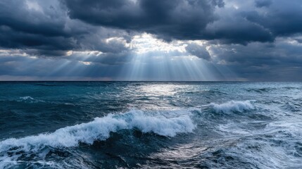 vast stormy ocean, dark clouds with rays of sunlight piercing through, waves crashing against cliffs, cinematic and ultra realistic, dramatic