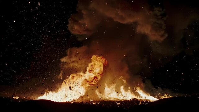 A vibrant, explosive event with flames, smoke, and debris dominates a dark background, capturing impact