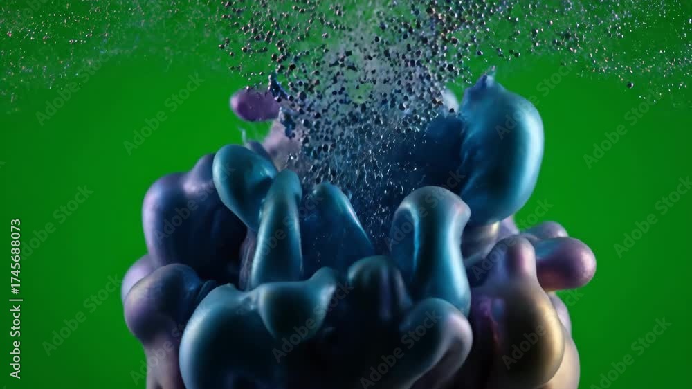 Poster hypnotic liquid-like particles swirl and slowly merge into a fluid abstract form against a green scr
