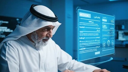 An older man dressed in white robes, touches a holographic display with medical data - Powered by Adobe