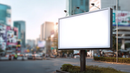 Fototapeta premium A large blank white billboard in an urban street under daylight with a cityscape background ideal for mockups.