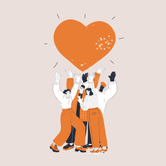 Cartoon vector illustration of people holding a big heart above their heads as a metaphor for unity, kindness, and shared love