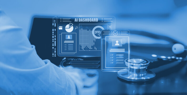Doctor using futuristic AI dashboard on computer screen, checklist overlay, compliance chart, KPI data visualization, digital healthcare analytics, workflow automation, medical technology innovation.