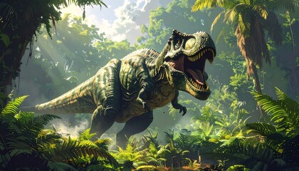 Vivid Digital Illustration of a Tyrannosaurus Rex in a Lush Tropical Jungle