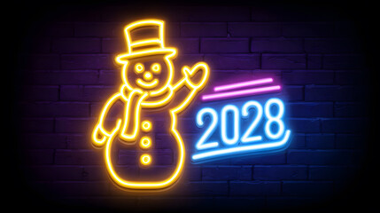Neon Snowman Light Sign for 2026 New Year and Winter Holiday on a Bokeh Background