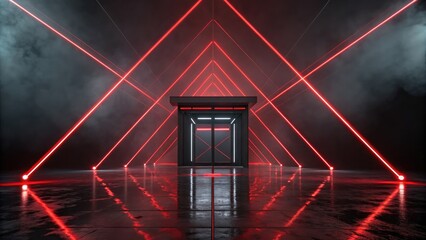 Futuristic elevator entrance with red neon lights and geometric patterns in dark, smoky environment
