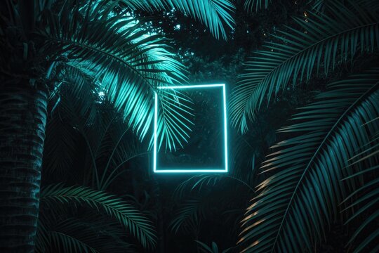 Glowing neon square frame hovering in dark tropical jungle with palm leaves and turquoise light - Powered by Adobe