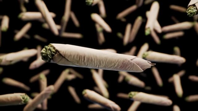 Exquisitely detailed cannabis pre-rolled blunts with natural paper tumble/rotate weightlessly in black void, soft studio light, bokeh, crane video, luxurious product display concept