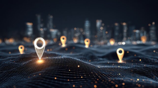 creative glowing digital mesh with map markers on illuminated night city backdrop geo position and location concept double exposure no logos no brands ar 169