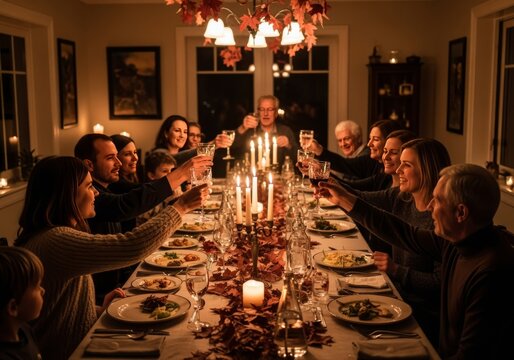Celebraci&oacute;n de Thanksgiving con una gran reuni&oacute;n familiar alrededor de la mesa