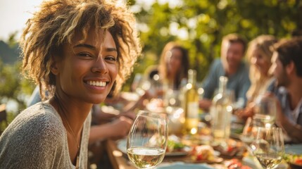 happy adult friends having fun drinking white wine and eating together with vineyard in background  multiracial people doing dinne at summer time in countryside resort  main focus on blond girl face 