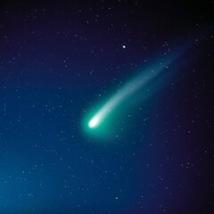 A Stunning View of a Bright Green Comet Moving Swiftly Through a Deep Blue Starfield