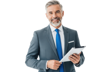 Mature businessman with gray hair and beard holding a tablet computer and smiling, isolated on transparent background