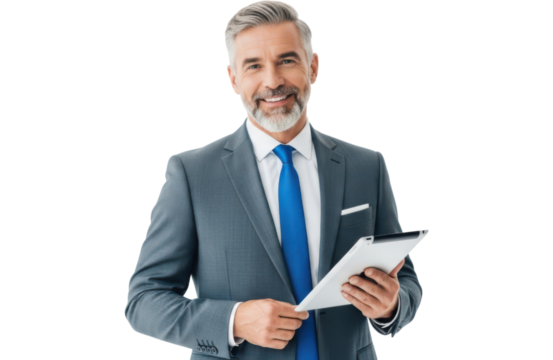 Mature businessman with gray hair and beard holding a tablet computer and smiling, isolated on transparent background