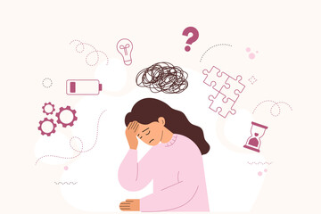 Tired woman feeling stressed and mentally exhausted. Low energy, burnout, overthinking and anxiety concept. Flat illustration of fatigue, mental overload, depression, stress and emotional exhaustion.