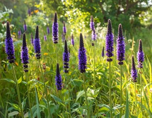 Naklejka premium Vivid field of purple spike flowers blossoming during a sunny summer day