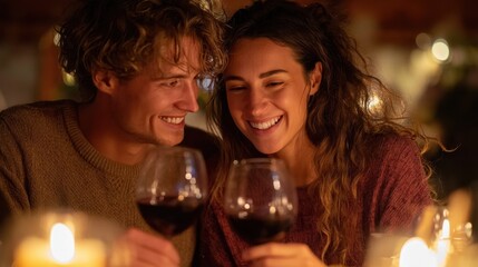 happy young couple in love bonding holding glasses drinking wine enjoy tender moment together celebrating valentines day having romantic dinner date with candles sit at home table or in restaurant no