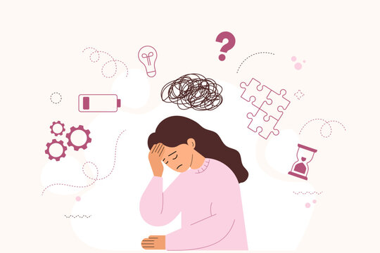 Tired woman feeling stressed and mentally exhausted. Low energy, burnout, overthinking and anxiety concept. Flat illustration of fatigue, mental overload, depression, stress and emotional exhaustion.