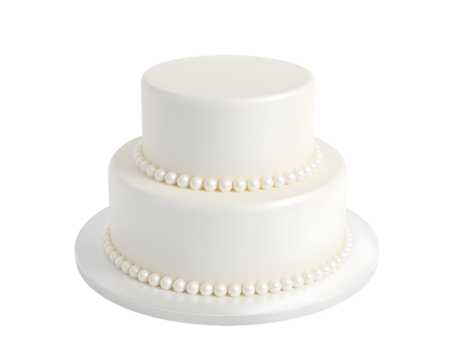 Exquisite white two-tiered cake, adorned with pearl accents, perfect for any special occasion