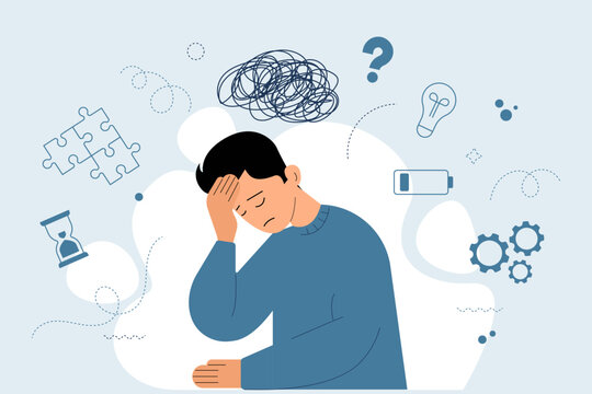 Sad tired man holding his head, symbolizing stress, anxiety, depression, mental fatigue, and emotional exhaustion. Concept of burnout, overwork, low energy, and psychological problems. Flat vector ill