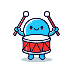 A cheerful blue character joyfully playing a red drum with drumsticks, set against a simple background