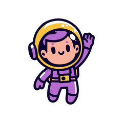 A cheerful astronaut in a purple suit waving, set against a whimsical space background with stars