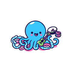 A cheerful blue octopus playing a ukulele and tambourine, set against a simple white background