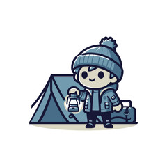 A cheerful child holding a lantern near a tent in a camping scene, with a suitcase beside
