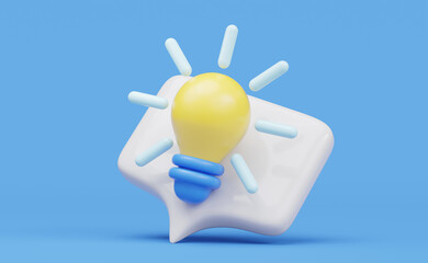 3D render of a glowing yellow light bulb with light rays on a white speech bubble icon, set against a vibrant blue background. Represents new ideas, innovation, communication, and creative solutions.