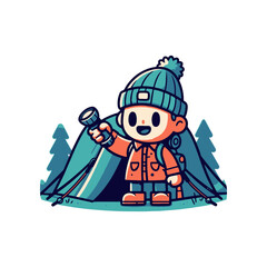 A cheerful child exploring the outdoors with a flashlight near a tent surrounded by trees