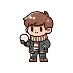 A cheerful child holding a snow globe, dressed warmly, with a wintery background scene