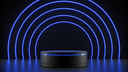 Futuristic dark podium with glowing blue neon semicircle lights reflective surface, studio shot