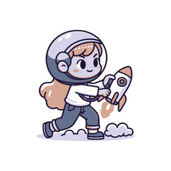 A cheerful child in a space suit joyfully running with a toy rocket amidst fluffy clouds, symbolizing adventure
