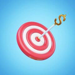 3D render of a red and white target with a white arrow, featuring a golden dollar sign, hitting the bullseye. Symbolizes financial goals, investment success, money targets, precision, and achievement.