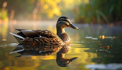 Serene female mallard duck swimming on a tranquil pond at sunrise.
