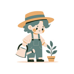 A cheerful child in overalls and a hat watering a small plant in a pot, representing growth