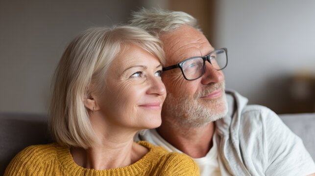 happy senior adult mature classy couple hugging bonding thinking of good future carefree cheerful mid age old husband embracing wife looking away dreaming enjoying wellbeing and love in new house no 