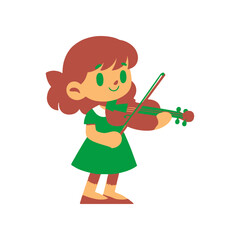 A cheerful girl in a green dress playing the violin, showcasing her musical talent in a bright, simple background