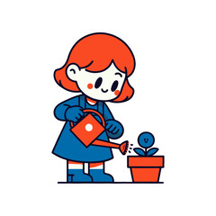 A cheerful girl watering a smiling plant in a pot, showcasing gardening joy at home