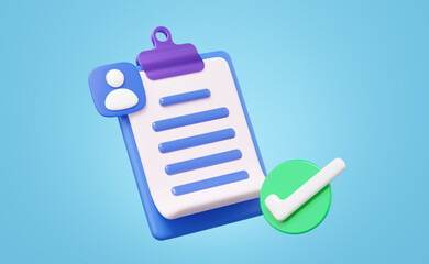 3D rendering of a blue clipboard with a user profile icon and a successful checkmark, representing completed tasks, verified profiles, or approved applications on a light blue background.
