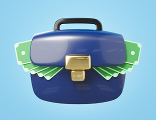A 3D render of a stylized blue briefcase with gold clasp and black handle, overflowing with green dollar bills. Symbolizes business success, wealth, investment, or financial growth on blue background.