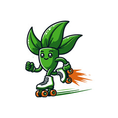 A cheerful green plant character on roller skates, zooming through a vibrant park setting